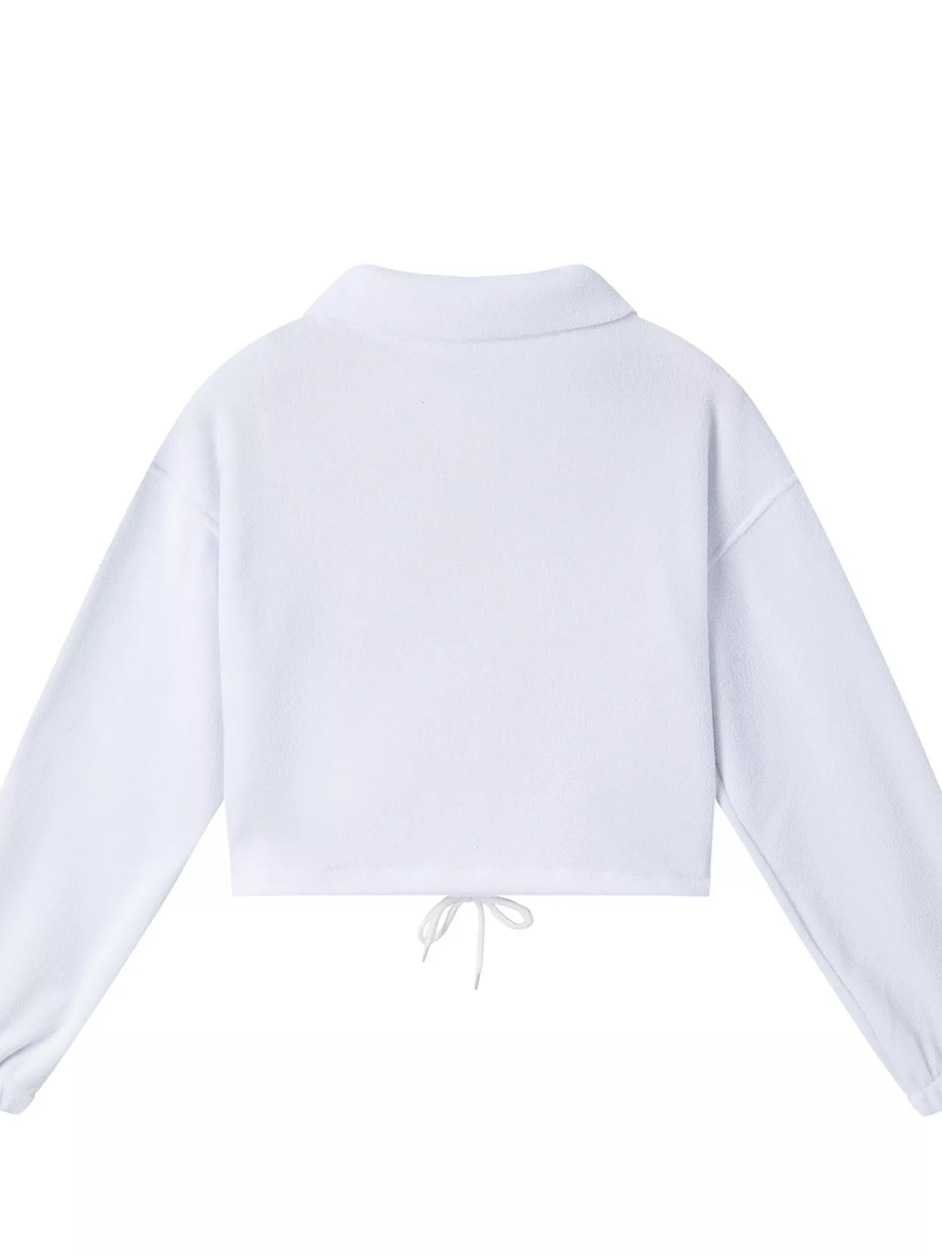 White quarter-zip sweatshirt with stand collar and cropped back view