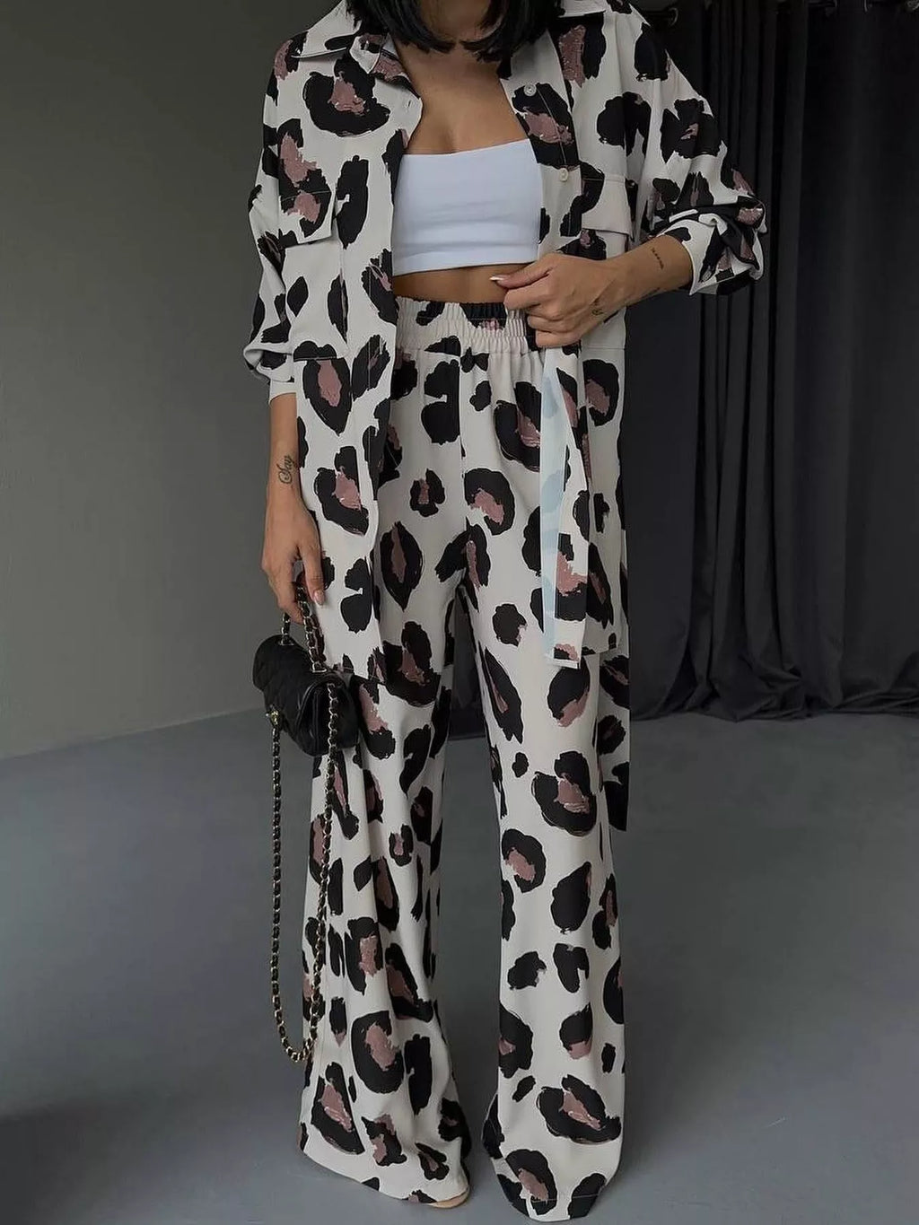 Leopard print relaxed-fit shirt and wide-leg pants two-piece set, open front