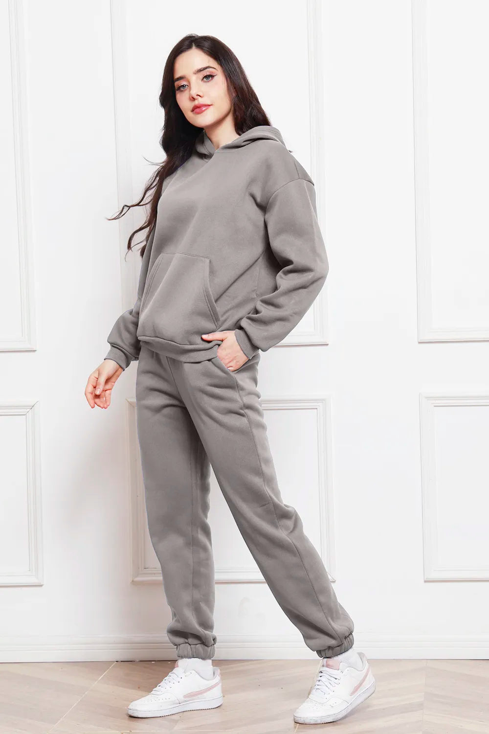 Gray drop-shoulder pullover hoodie and jogger pants set, hood with drawstring, side pockets