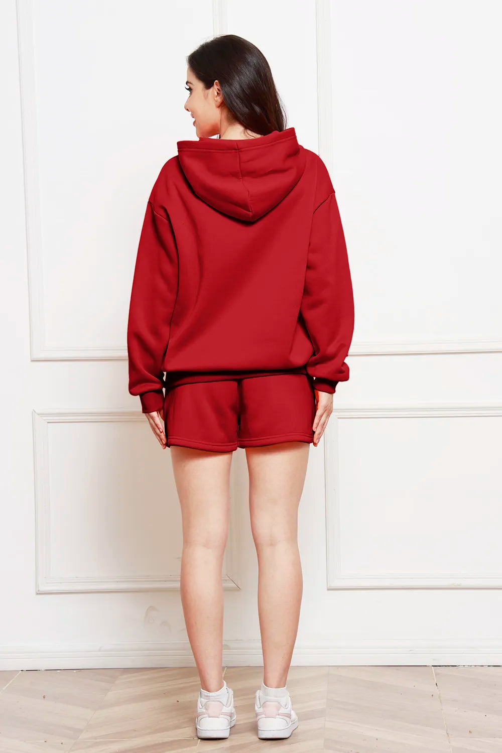 Deep red hoodie and matching shorts set, drawstring hood, back view