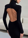 Black backless turtleneck long-sleeve bodycon maxi dress with open back cutout