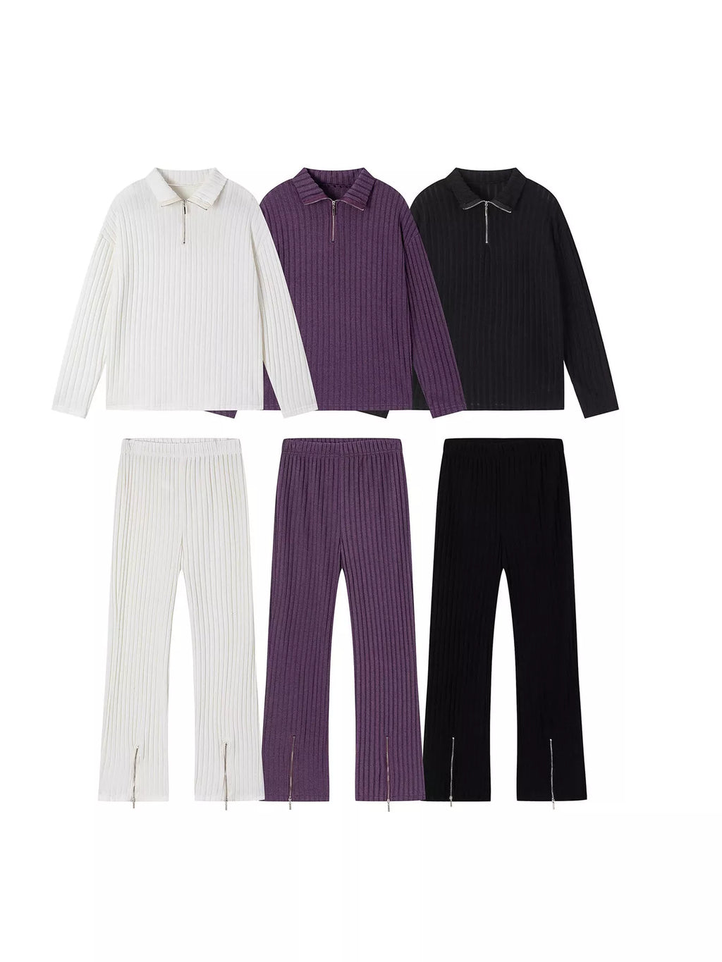 Ribbed knit top and pants set in apricot, purple, and black (flat lay)