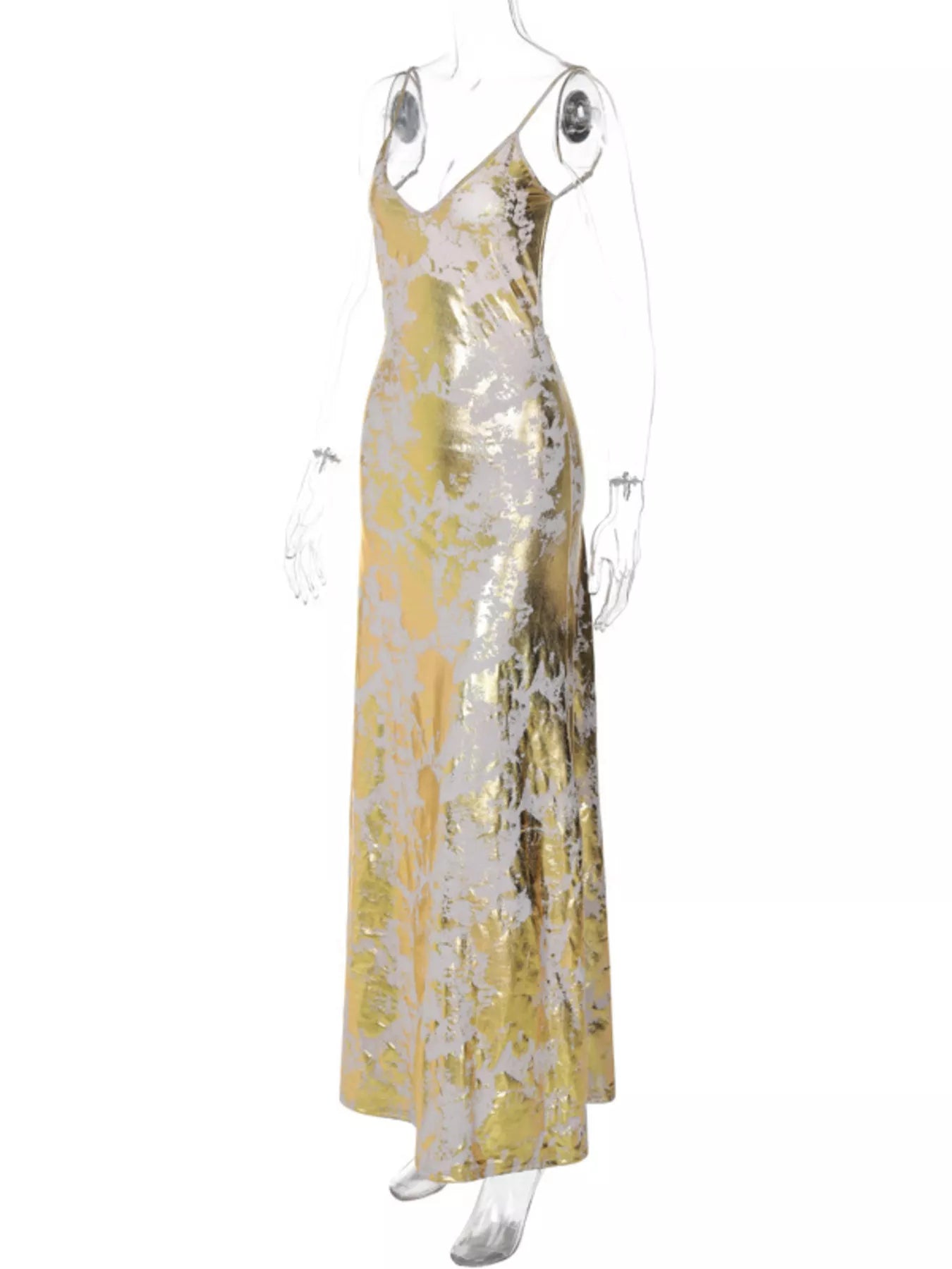 Gold backless V-neck maxi dress on mannequin: V-neck front and metallic gold shine