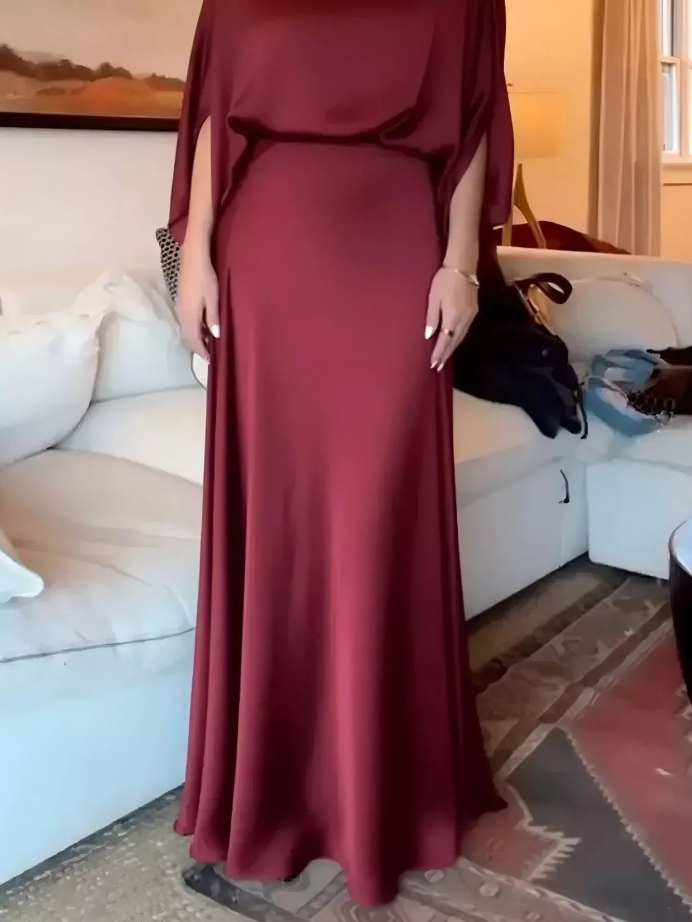 Wine red satin maxi dress with batwing sleeves and draped bodice front