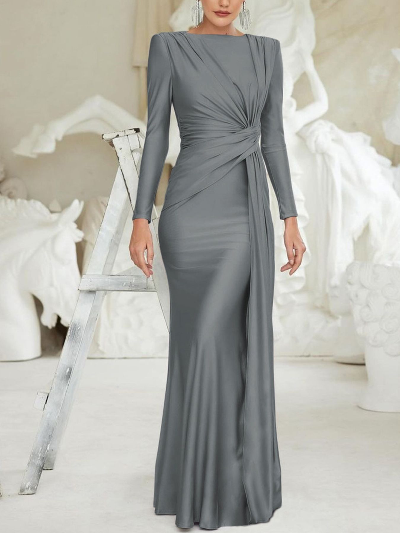 Ruched knot-front long sleeve maxi dress in gray, full front view with gathered waist knot.