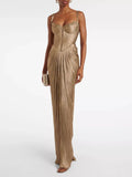 Gold metallic pleated corset maxi dress with sweetheart neckline and spaghetti straps