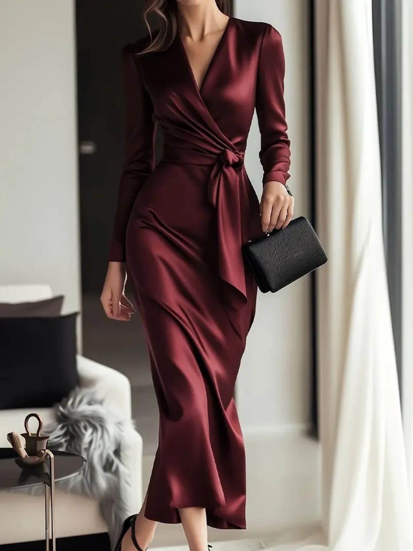 Burgundy satin long-sleeve wrap dress with V-neck and tie waist, midi length
