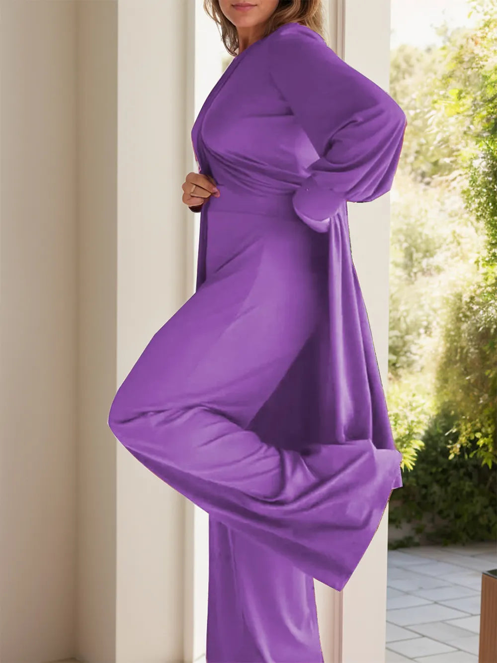 Purple long sleeve top and wide-leg pants set with front slit