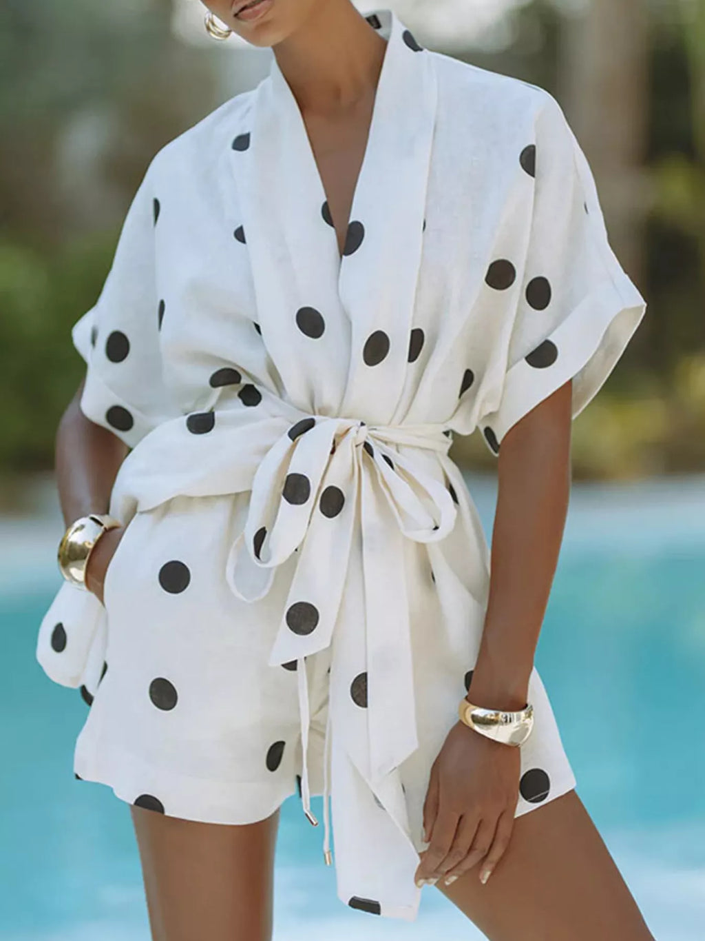 Polka-dot tie-waist set, white with black dots, wrap V-neck and gathered bow at waist