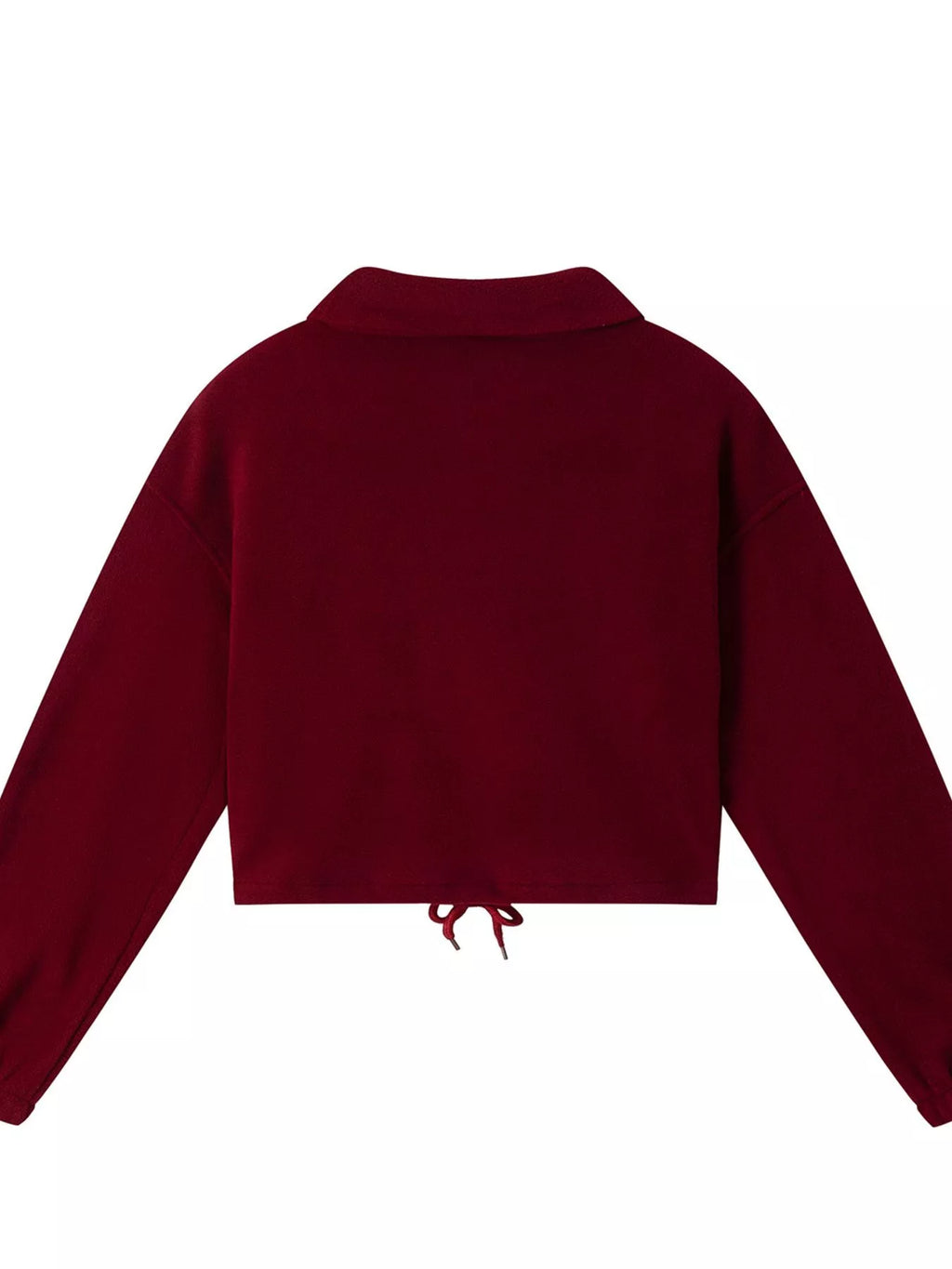 Burgundy quarter-zip sweatshirt and jogger pants set, back view of top and hem.