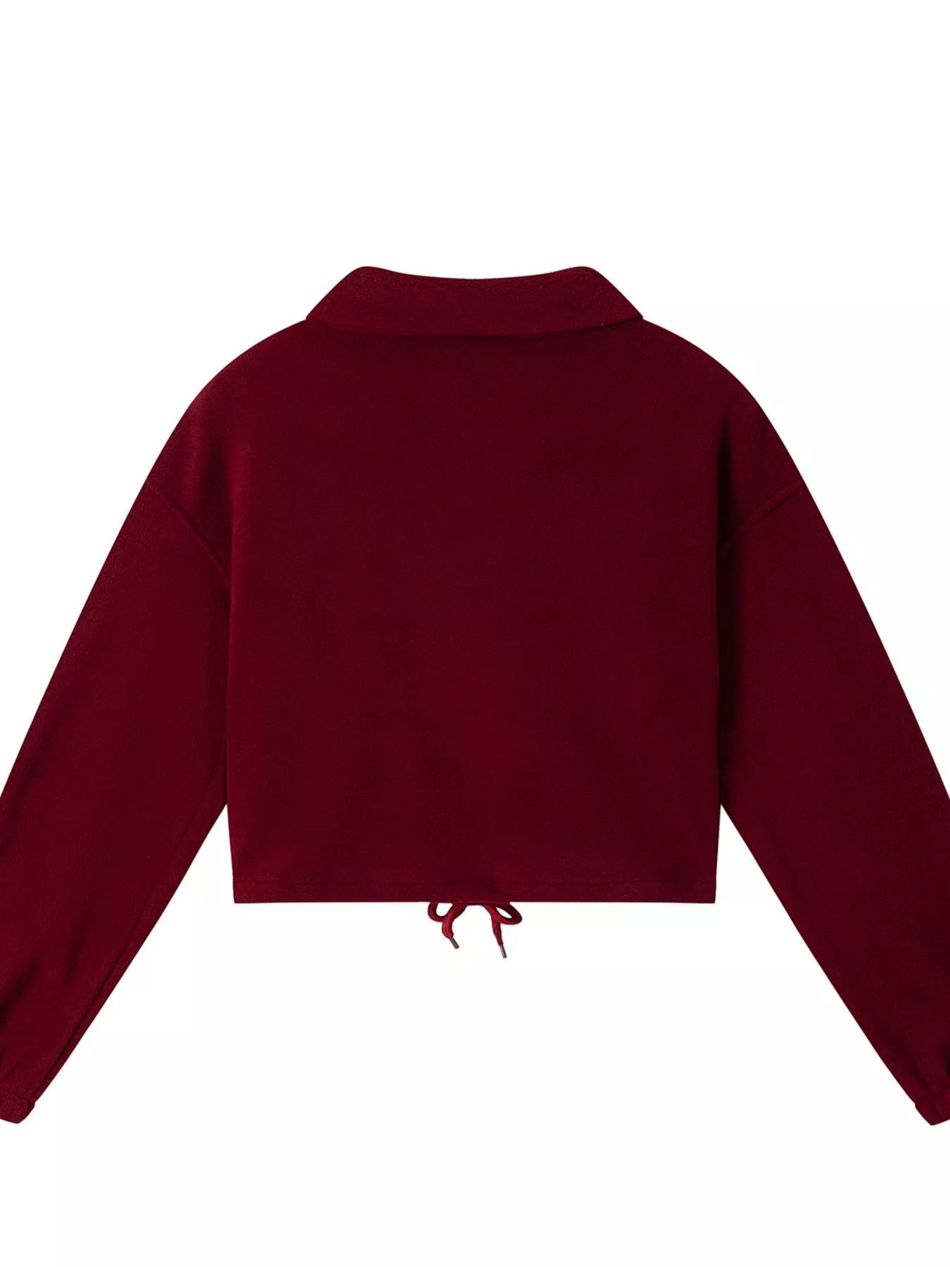 Burgundy quarter-zip sweatshirt and jogger pants set, back view of top and hem.
