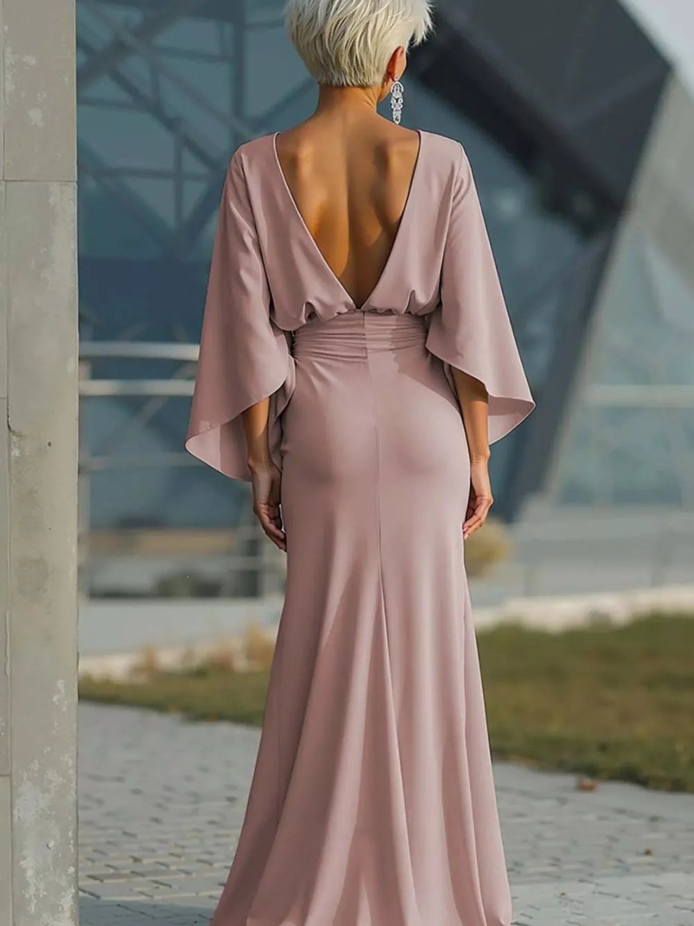 Mauve satin maxi dress with batwing sleeves and open V-back, ruched waist