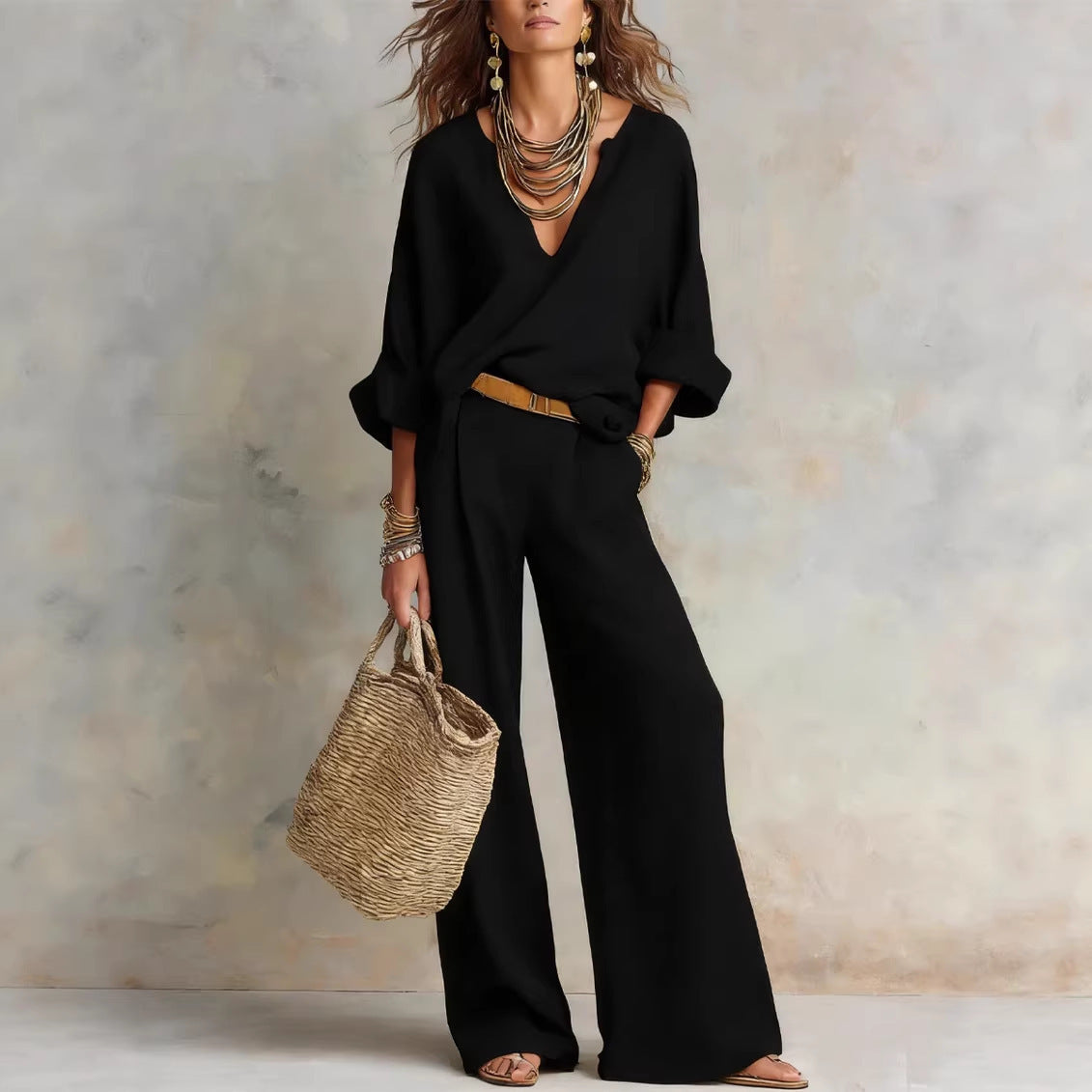 Casual Linen Vacation Set – Three-Quarter Sleeve Top & Full-Length Pants