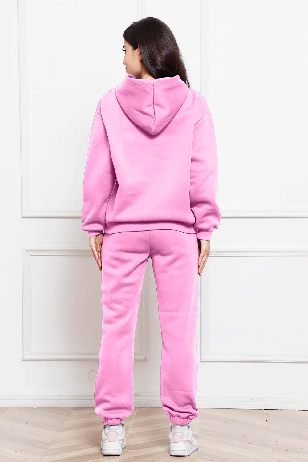 Pink drop-shoulder long-sleeve hoodie and jogger pants set, back view