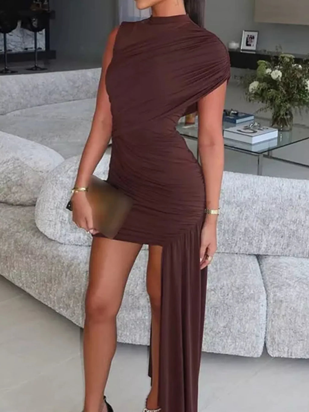 Dark brown ruched asymmetrical mock neck dress with draped one-shoulder detail
