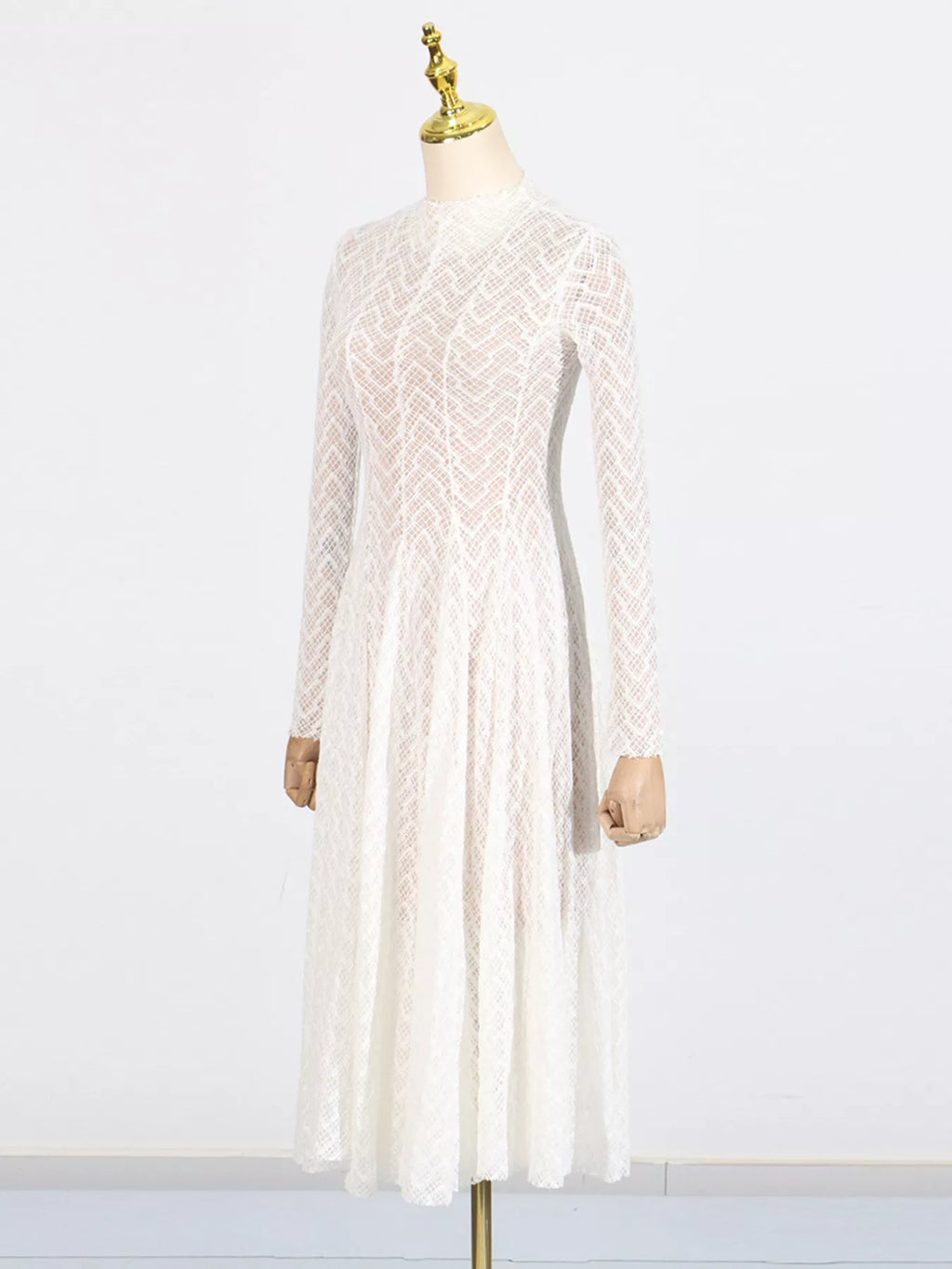 White lace mock-neck maxi dress on mannequin, back view with long sleeves