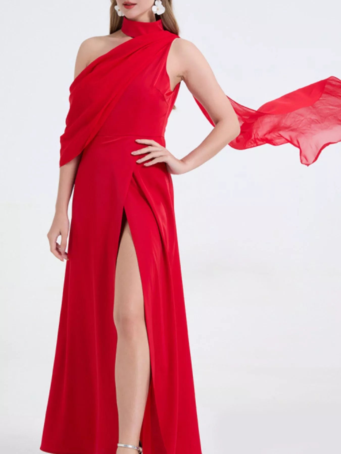 Red halter maxi dress with draped neckline and tall front slit