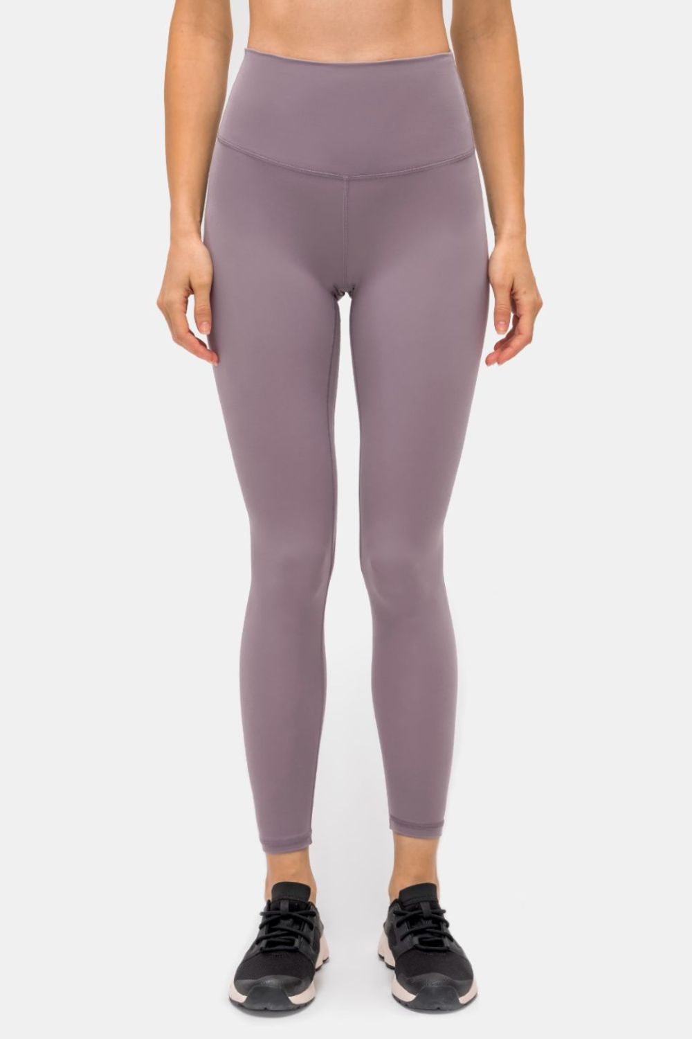Pink purple sports leggings with a smooth high-rise waistband and invisible pocket.