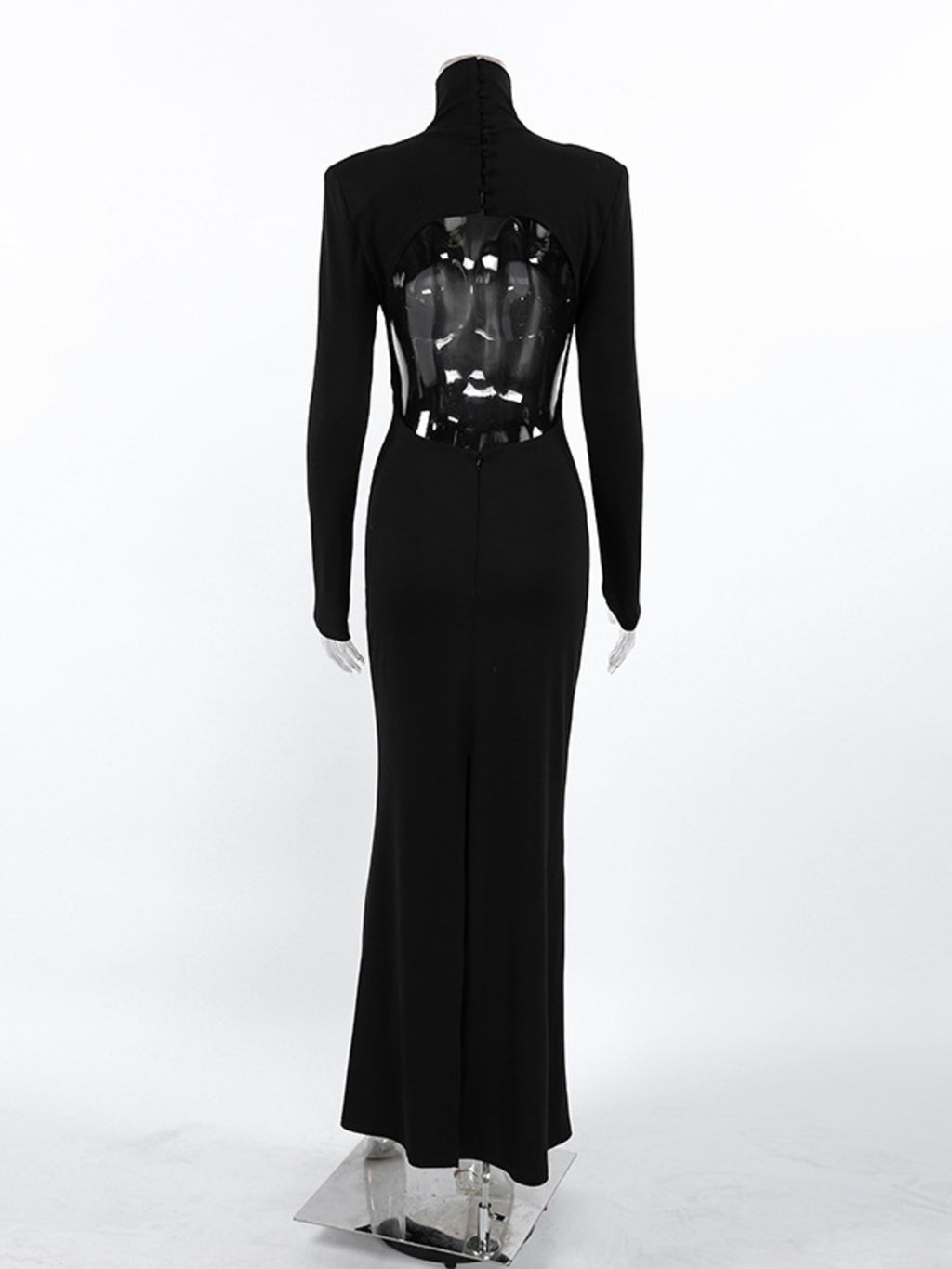 Black backless turtleneck long-sleeve bodycon maxi dress back view with cutout