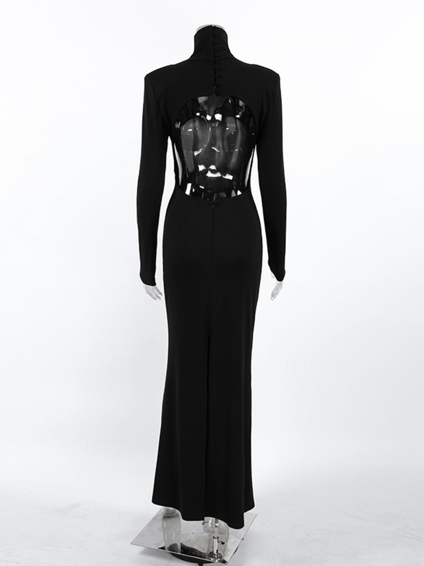 Black backless turtleneck long-sleeve bodycon maxi dress back view with cutout