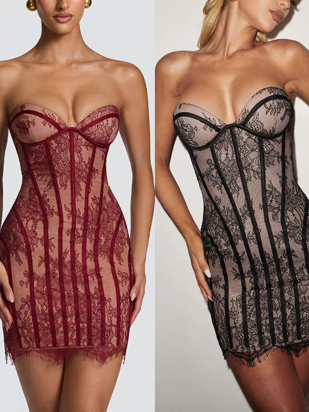 Burgundy lace detail tube mini dress with sweetheart neckline and corset-style seaming