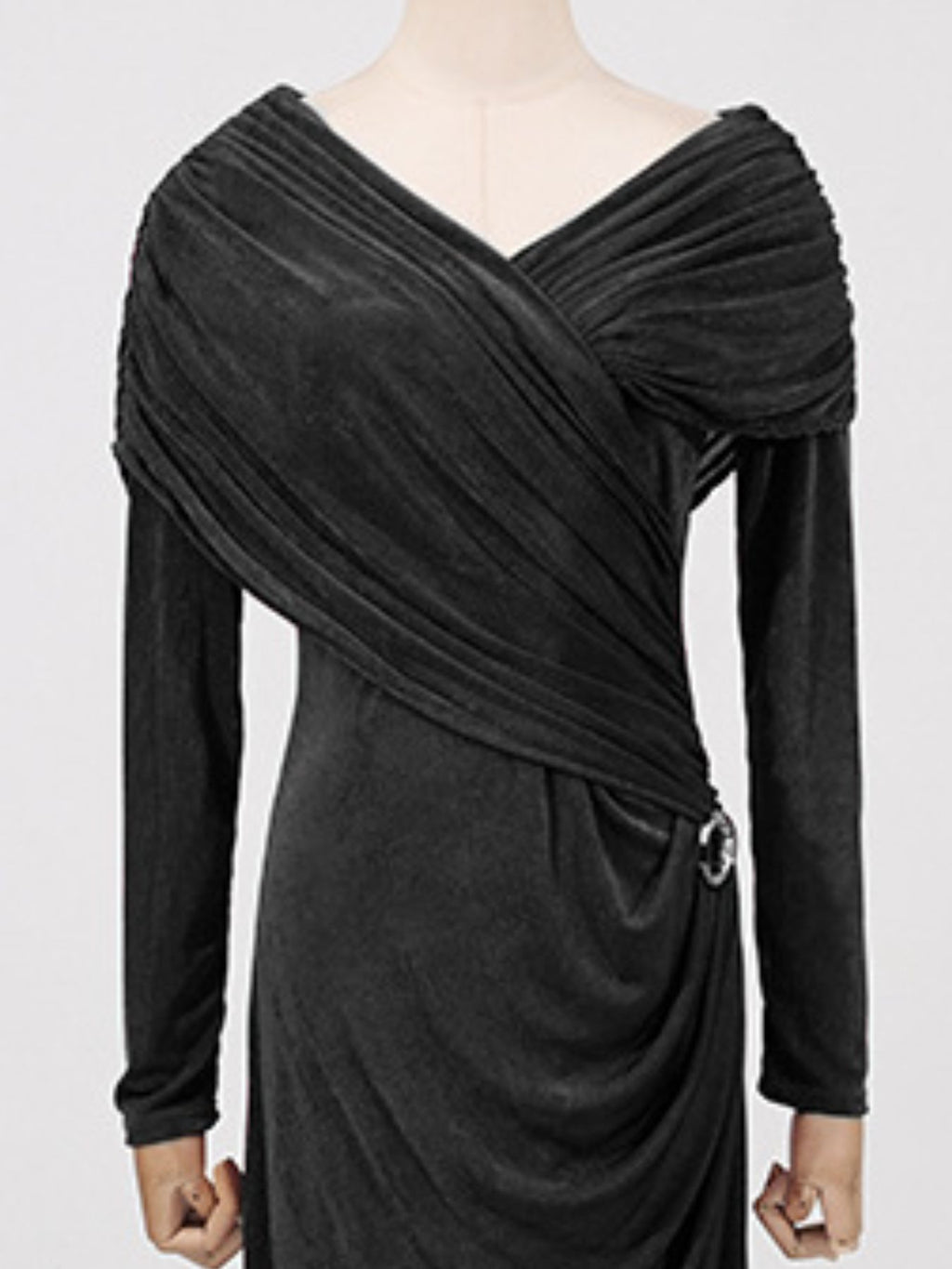 Black ruched draped maxi dress with V-neck wrap, gathered shoulders, and tie-waist ring detail.