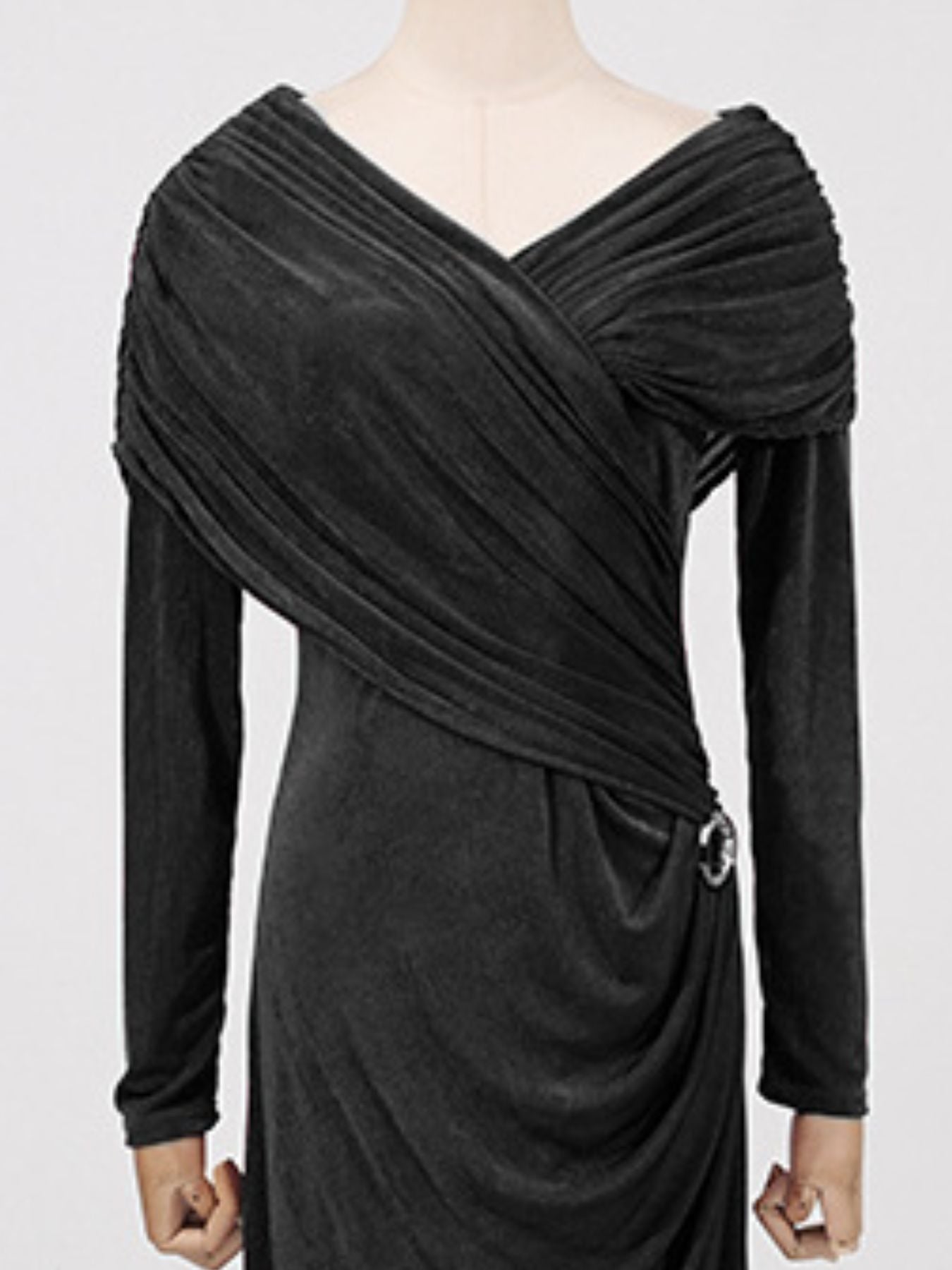 Black ruched draped maxi dress with V-neck wrap, gathered shoulders, and tie-waist ring detail.