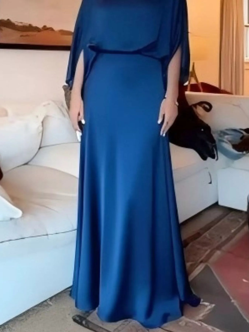 Blue satin maxi dress with batwing sleeves and draped bodice front