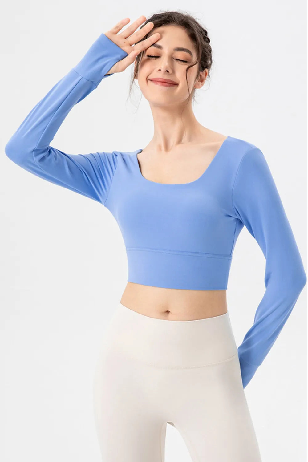 Sky blue square-neck long-sleeve active crop top with smooth fitted silhouette