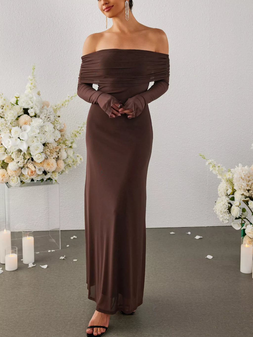 Brown off-shoulder ruched long-sleeve maxi dress, front view