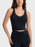 Black cropped sport tank with V-neck and racerback straps