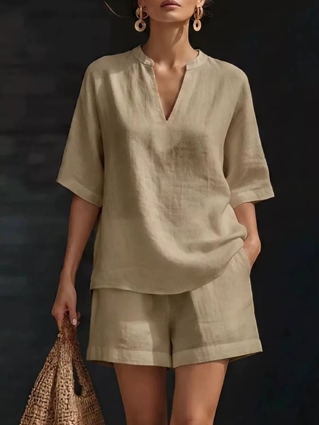 Khaki half-sleeve V-neck top and matching shorts set with notched neckline