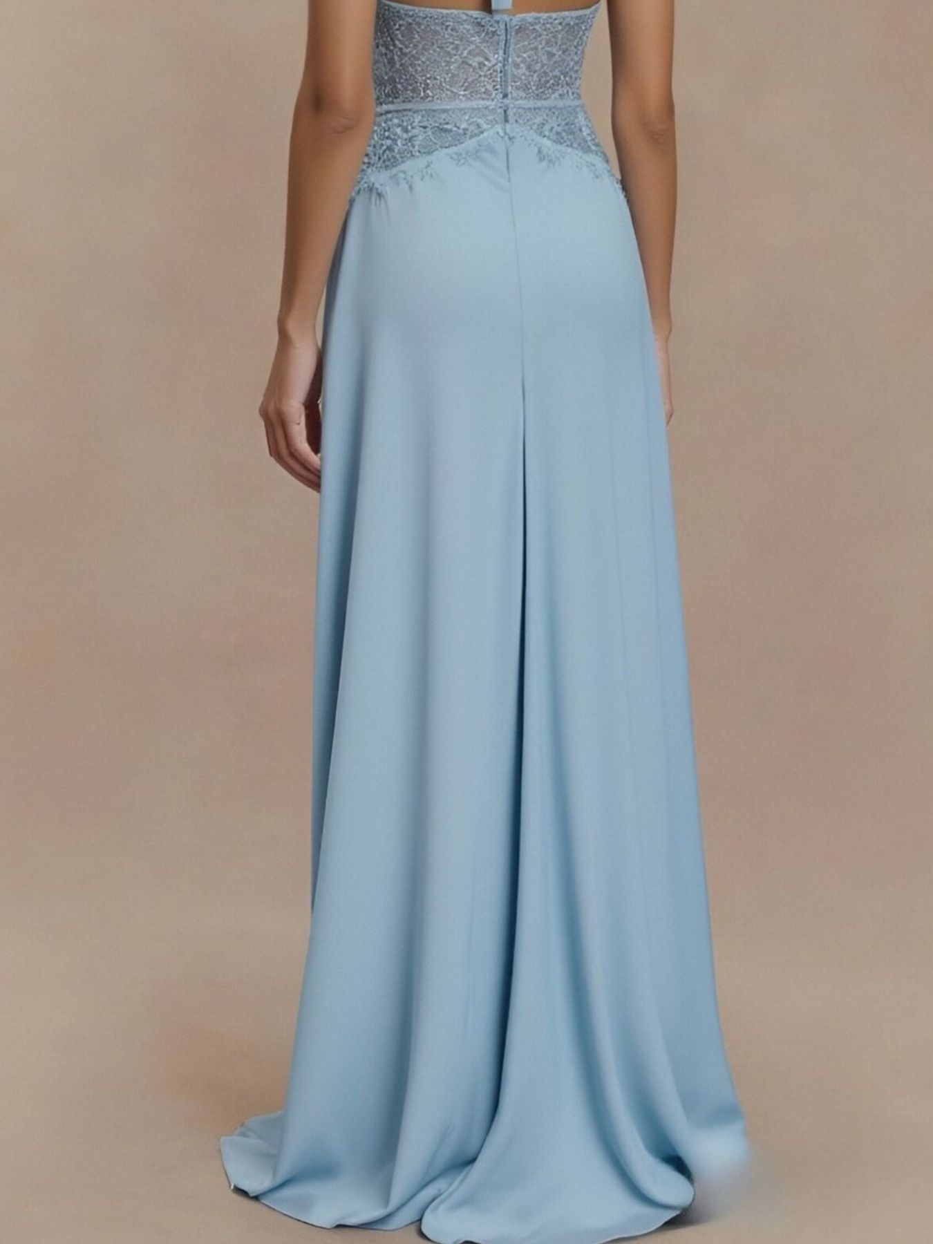 Back view sky blue halter neck lace-trimmed maxi dress with center back seam