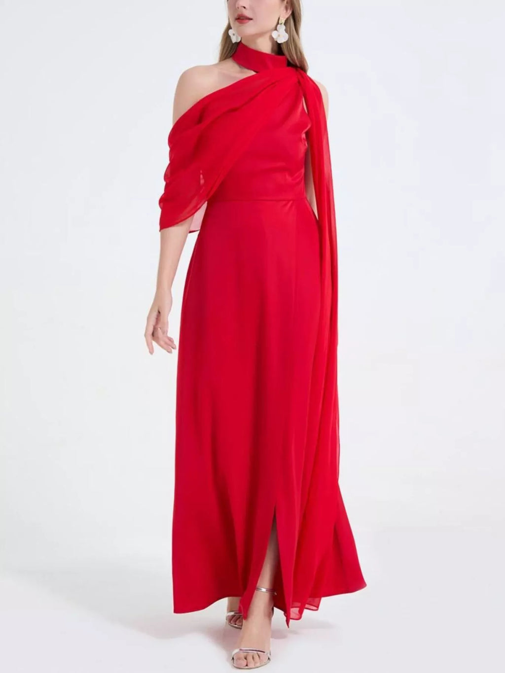 Red asymmetrical maxi dress with one-shoulder drape and high front slit