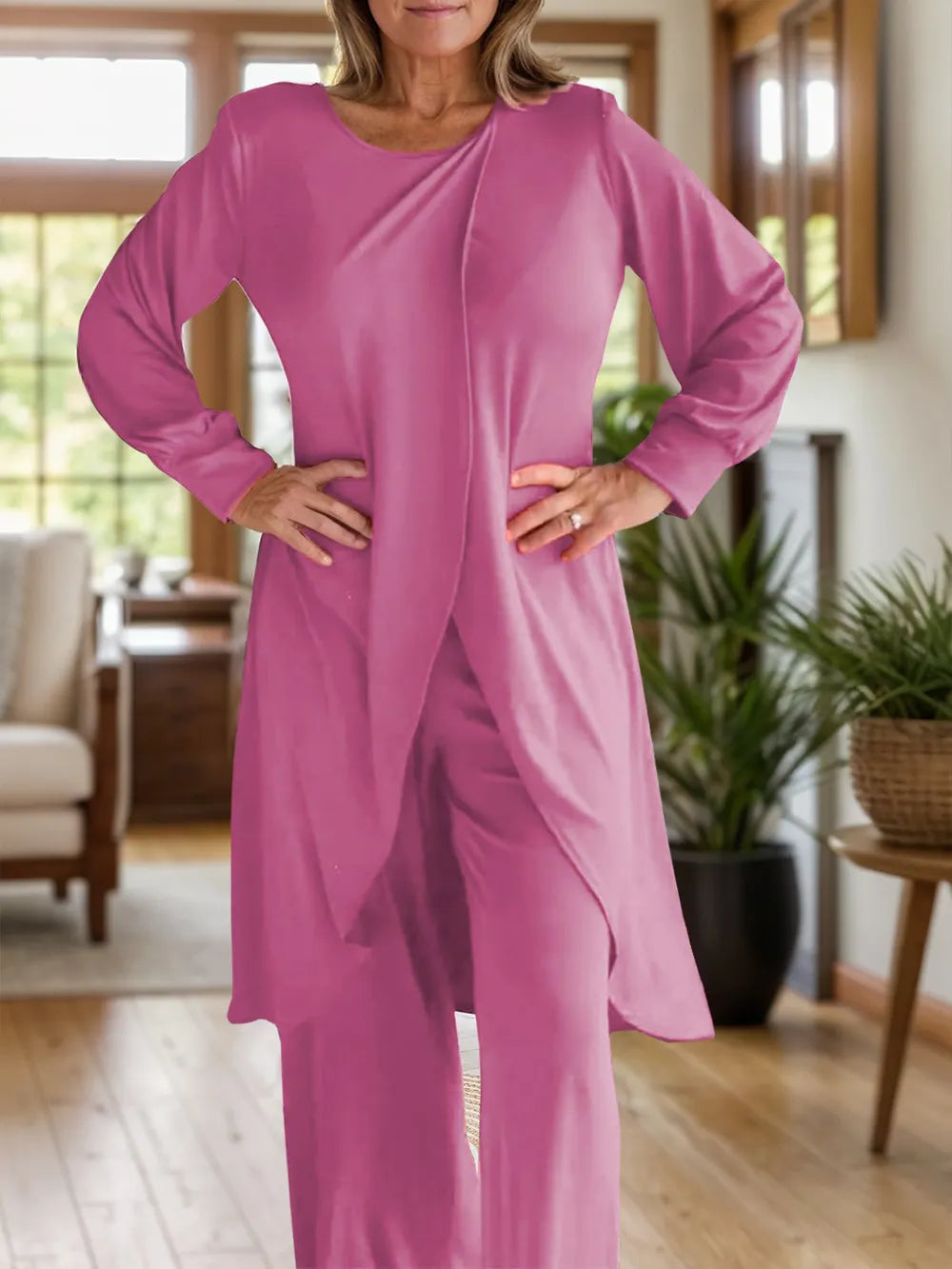 Cerise/pink long-sleeve round-neck top and wide-leg pants set with front slit
