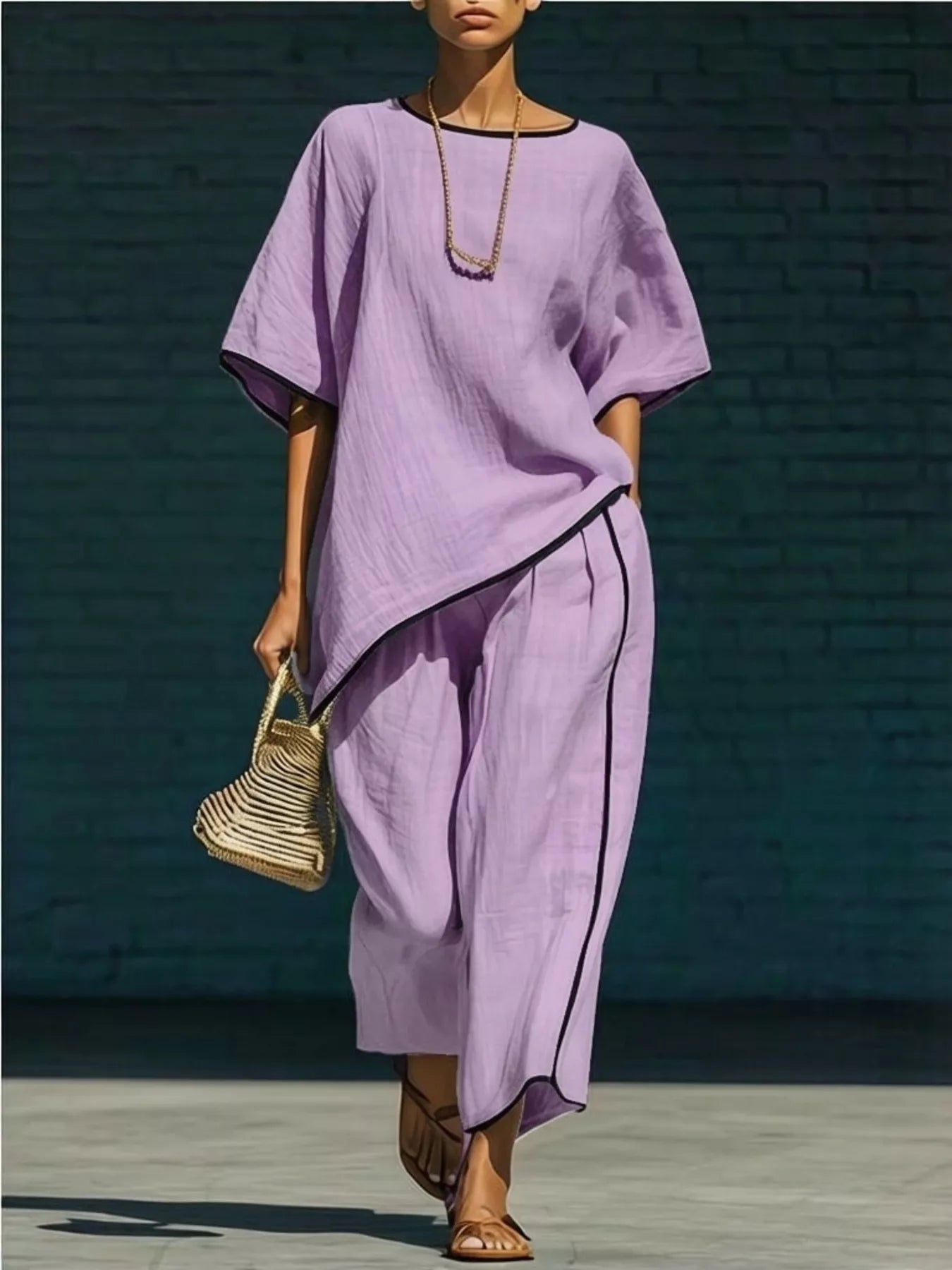 Purple round-neck top and matching pants set with black contrast piping