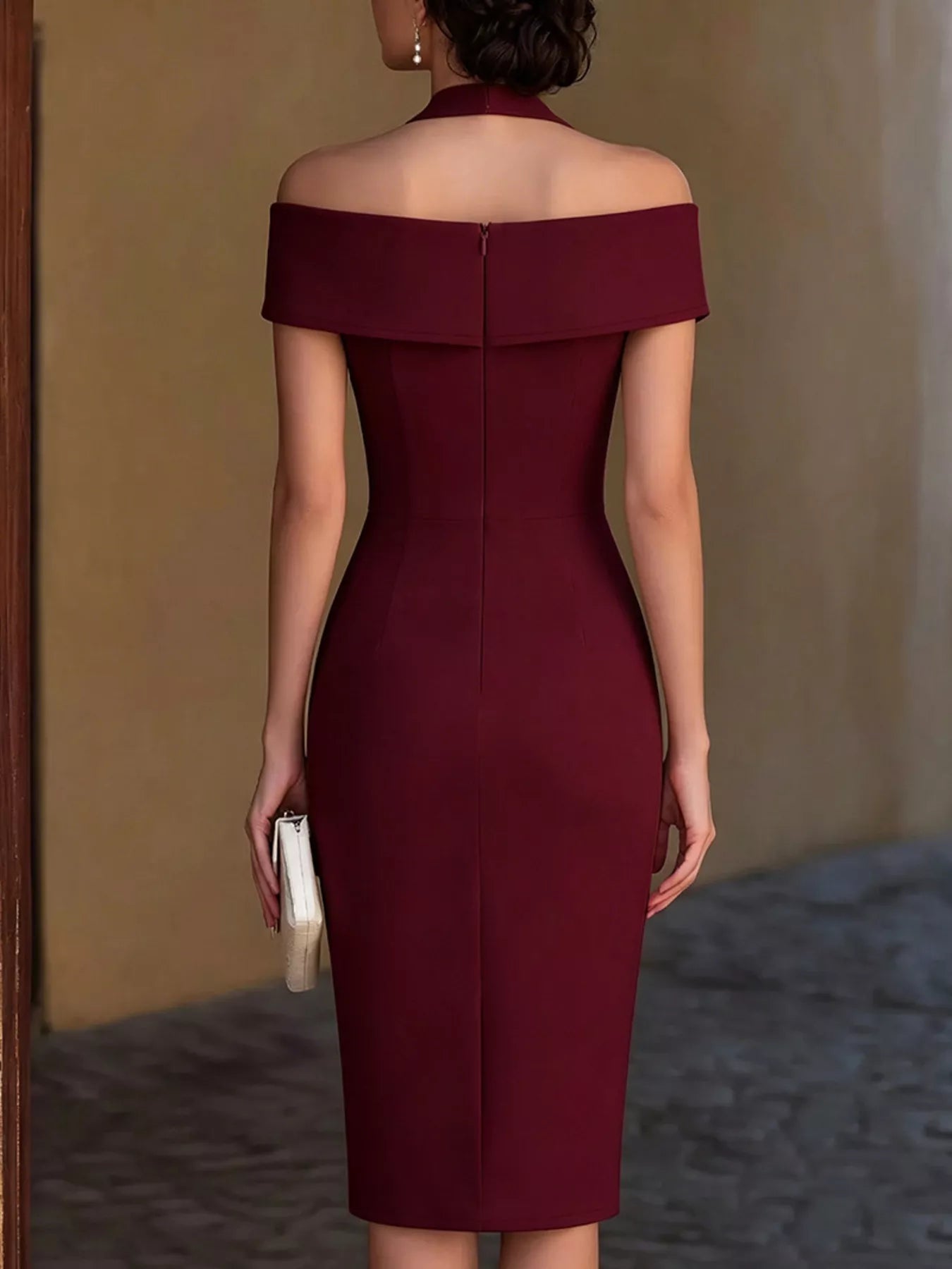 Burgundy cold-shoulder halter neck midi dress, back view with off-shoulder neckline.