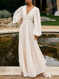 White v-neck long-sleeve maxi dress with gathered waist and tiered skirt