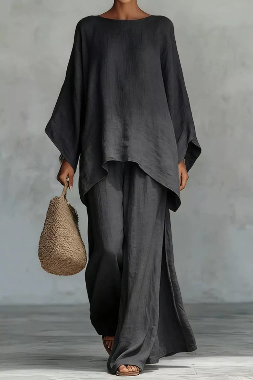 Two-piece long-sleeve top and wide-leg pants set, dark gray/black draped tunic with pants