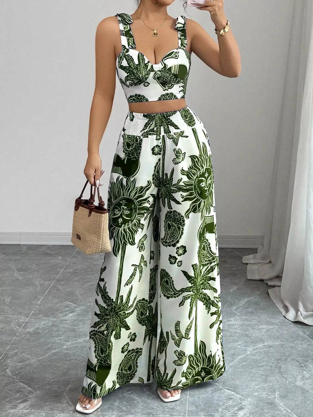 Green and white floral crop top and wide-leg pants set with smocked waist detail