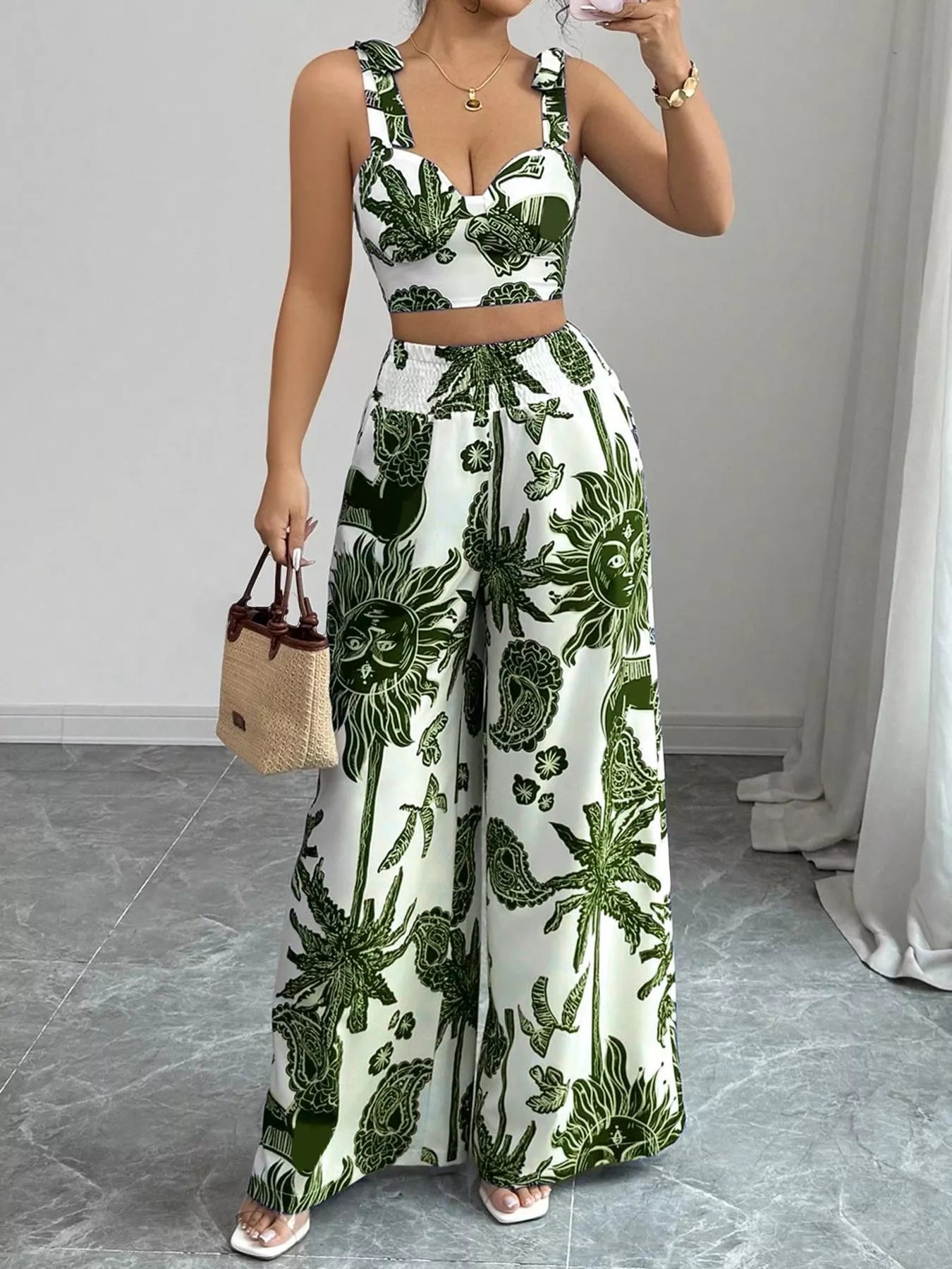 Green and white floral crop top and wide-leg pants set with smocked waist detail