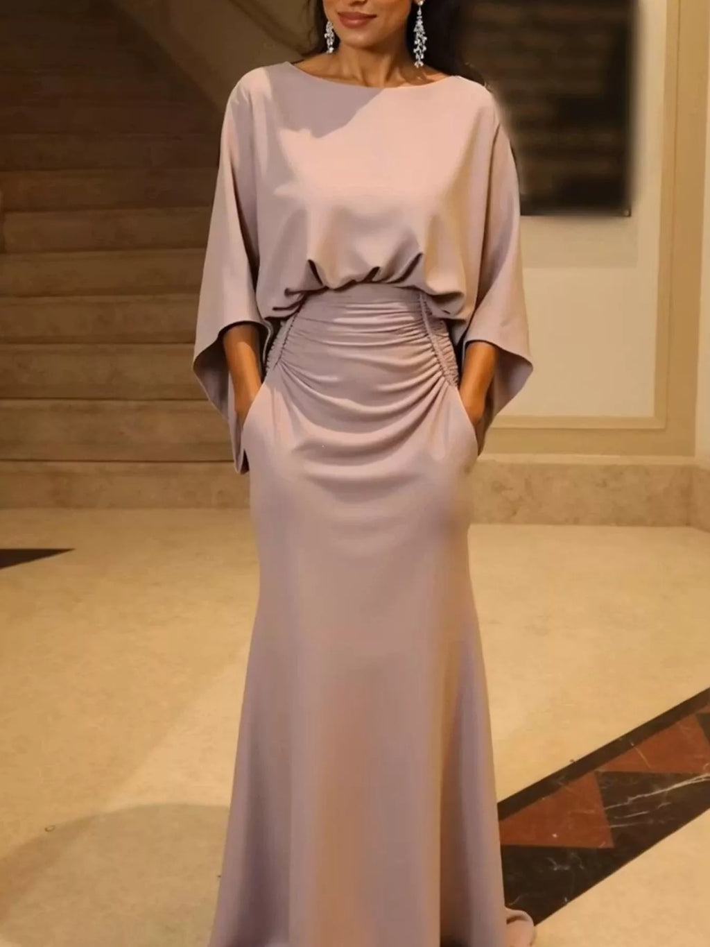Light mauve satin maxi dress with batwing sleeves and ruched waist front