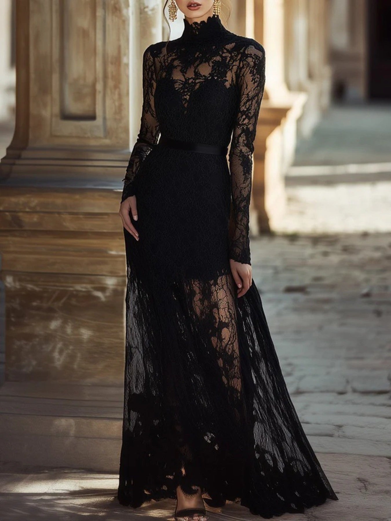 Black lace high-neck long-sleeve maxi dress with fitted lace bodice and flared skirt