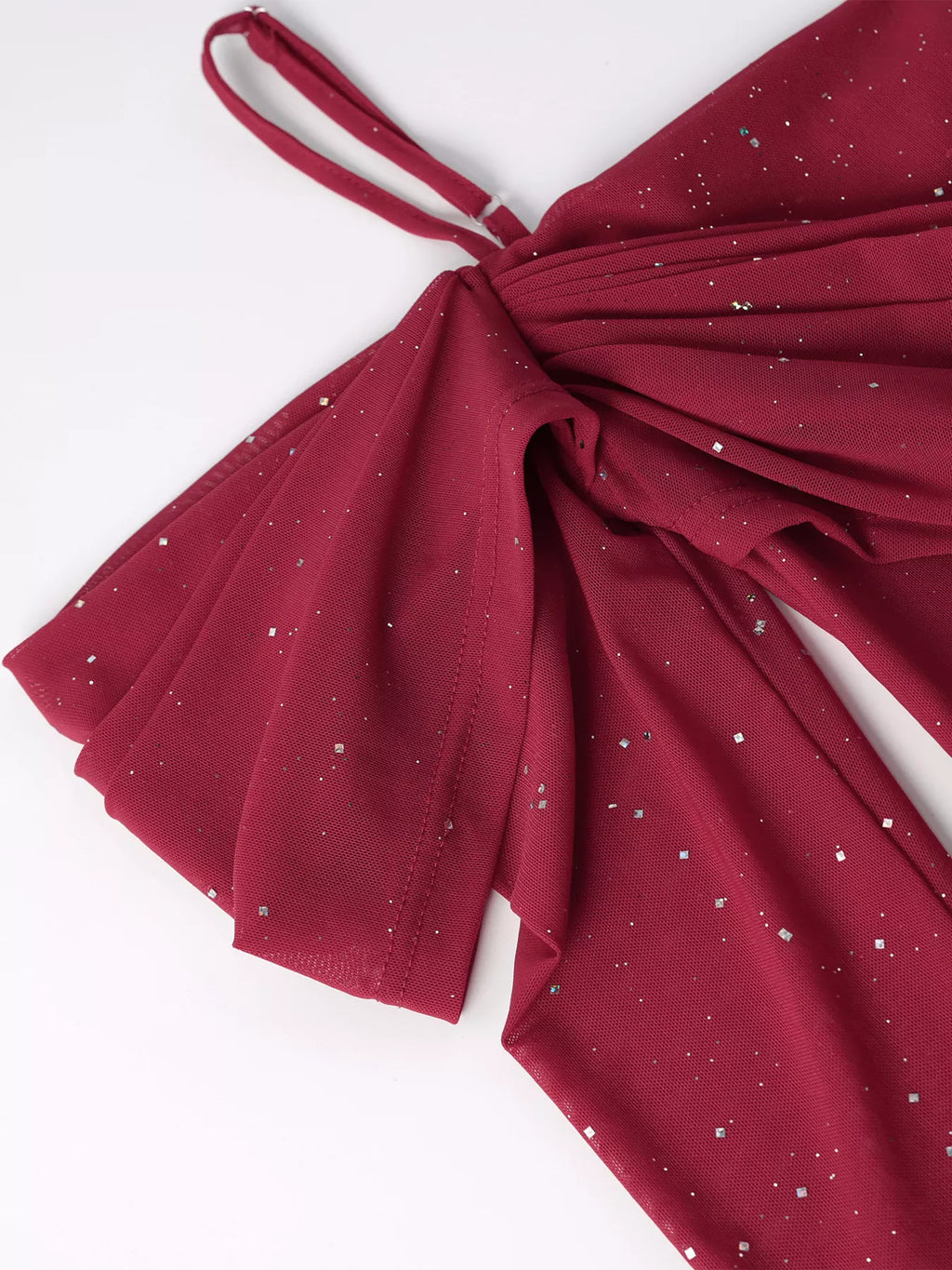Wine red ruched knot detail with glitter speckles on the maxi dress fabric