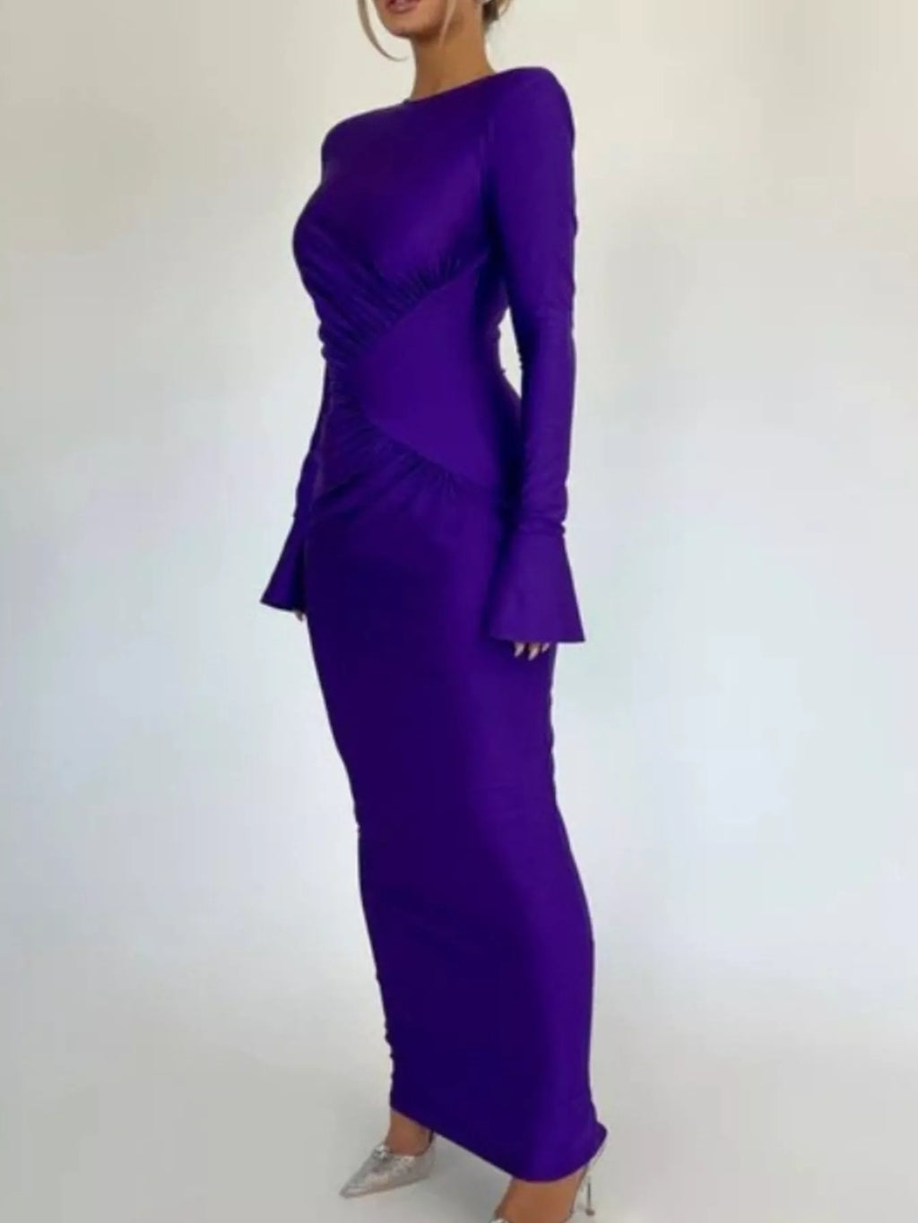 Purple ruched bodycon maxi dress with long sleeves and angled side ruching
