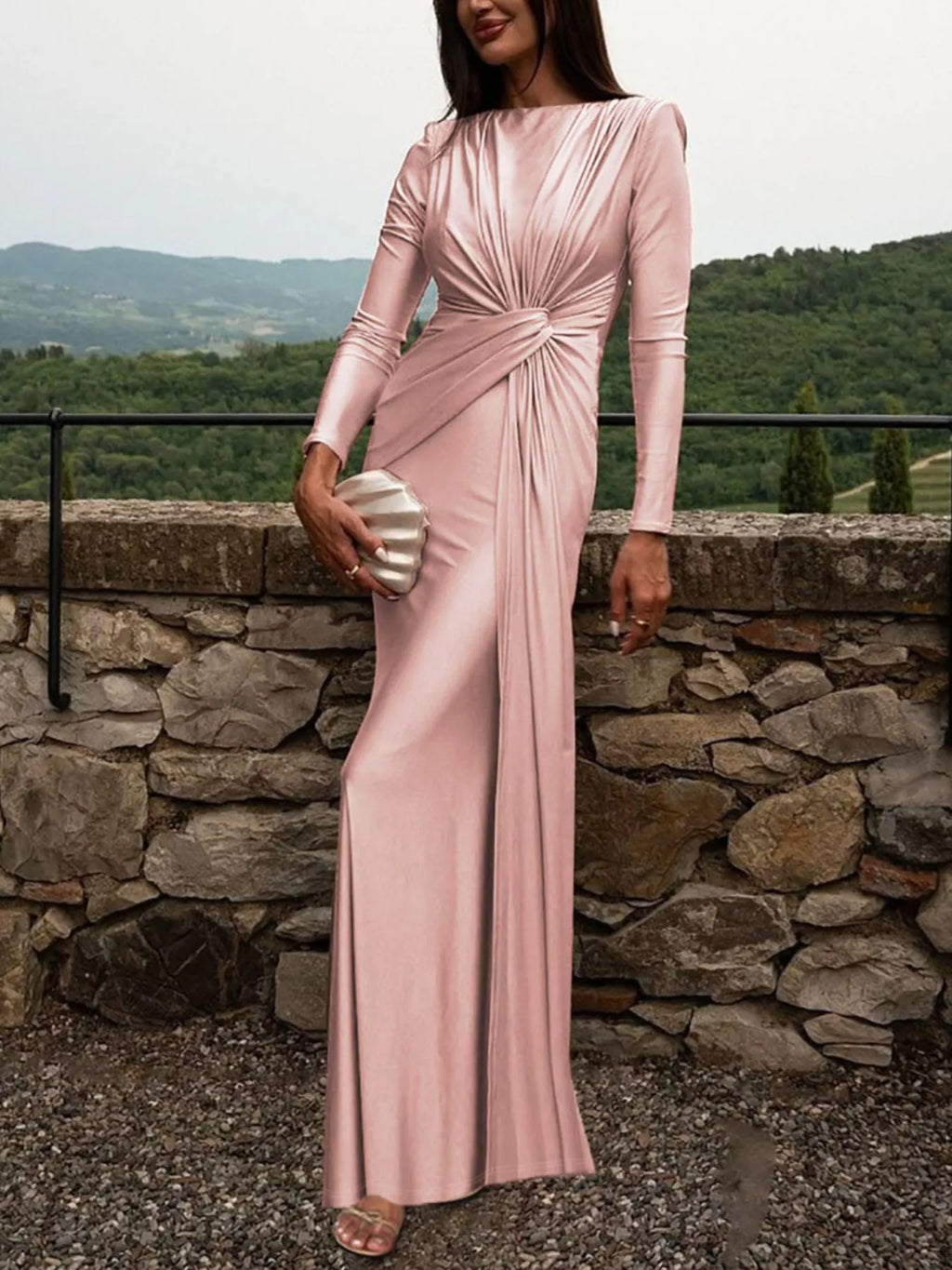 Blush pink twisted long sleeve maxi dress with ruched front and long skirt