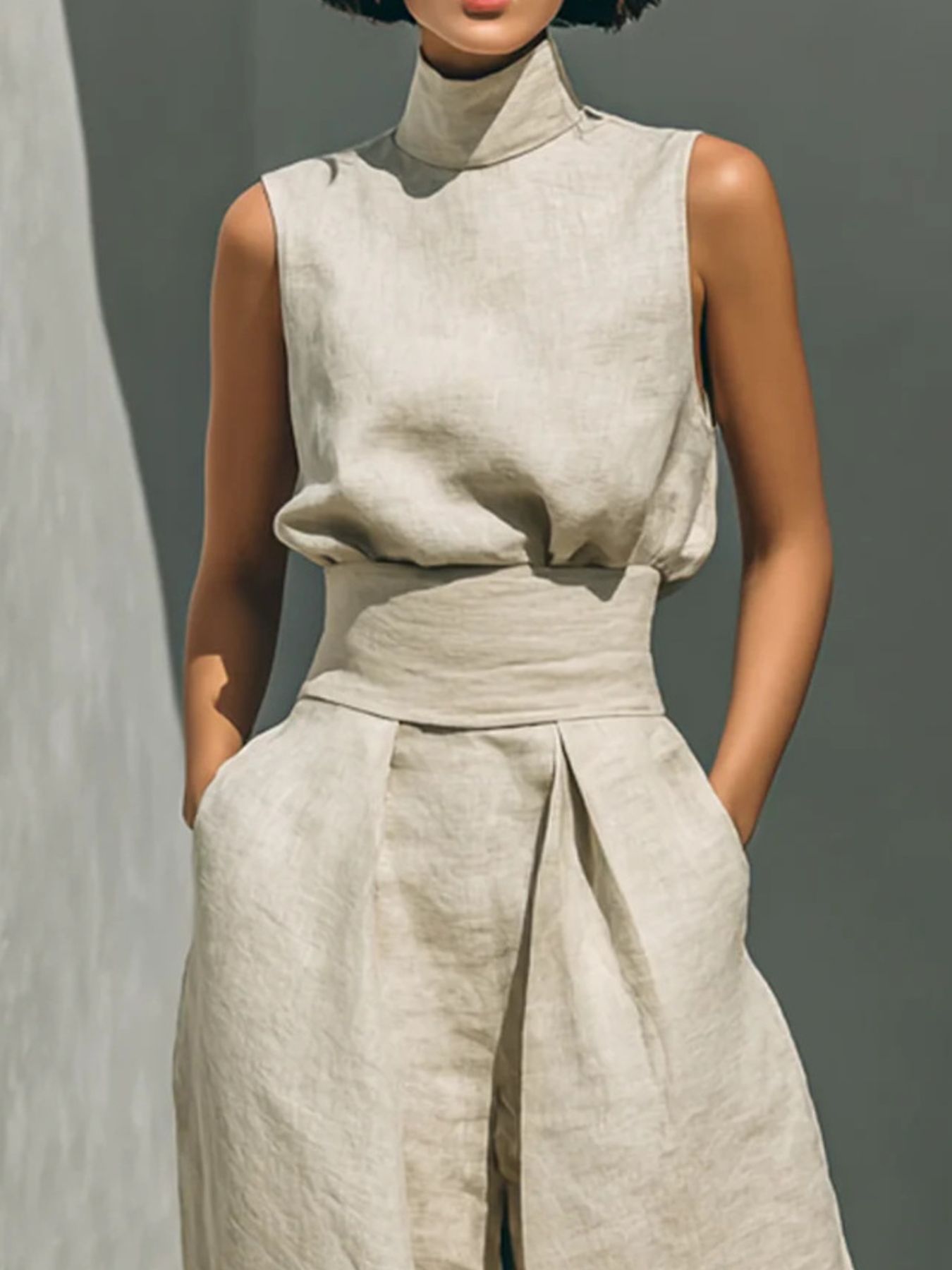 Ivory sleeveless turtleneck top with draped waist detail and matching wide pants