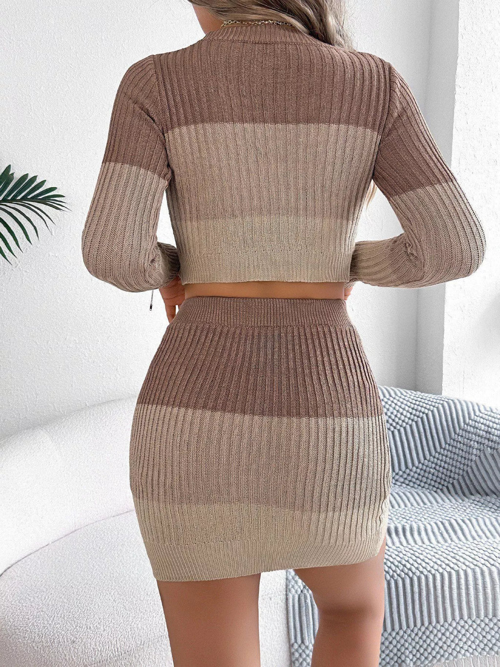 Two-tone ribbed knit set with long-sleeve crop back and matching mini skirt, brown and tan