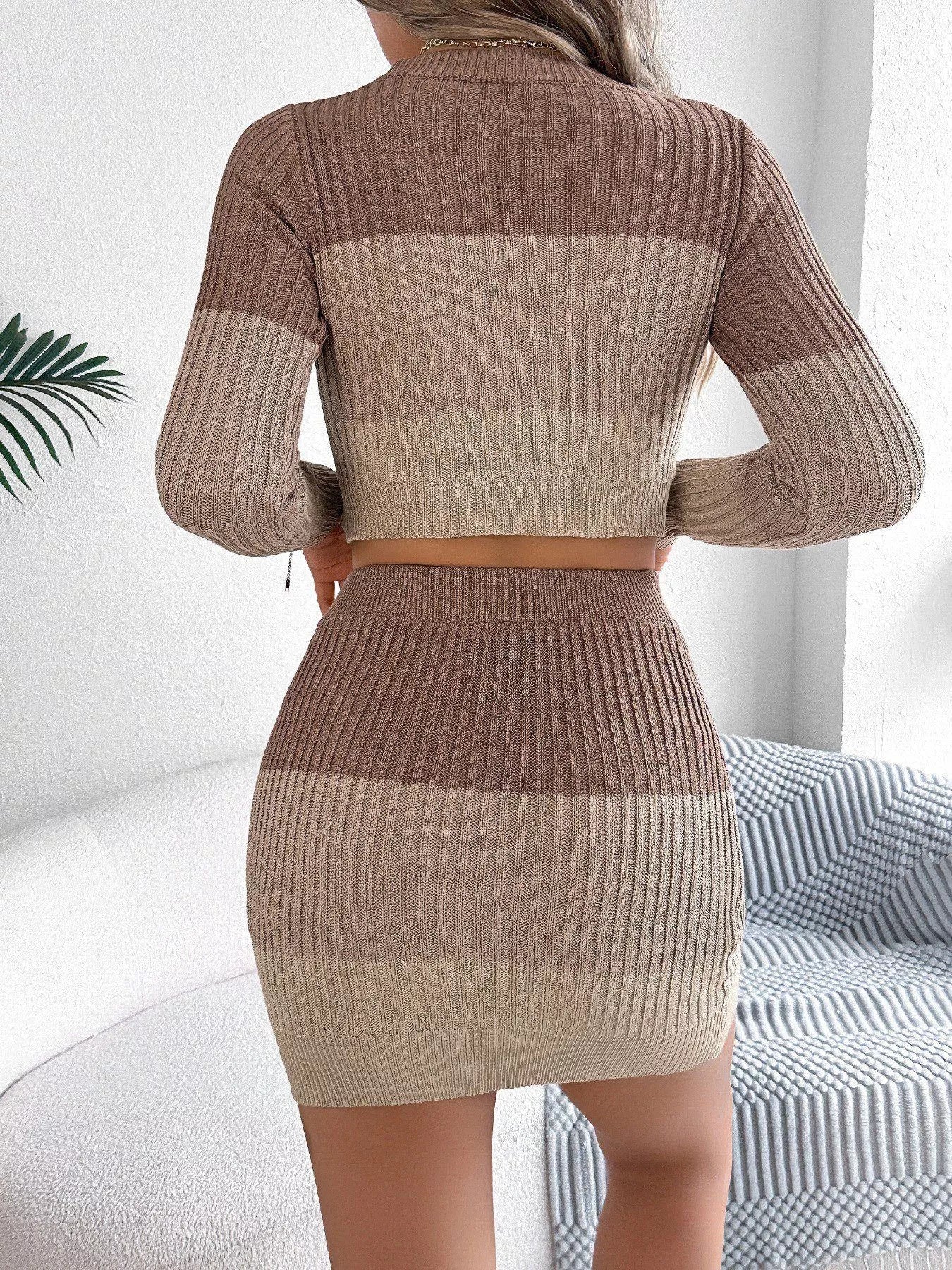 Two-tone ribbed knit set with long-sleeve crop back and matching mini skirt, brown and tan