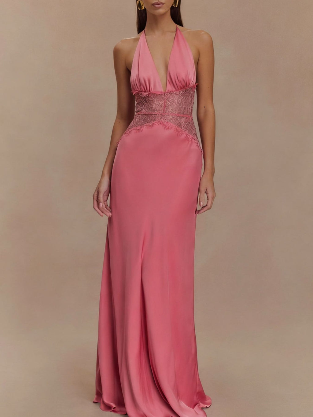 Fuchsia halter neck lace-trimmed maxi dress with gathered bust and lace waist